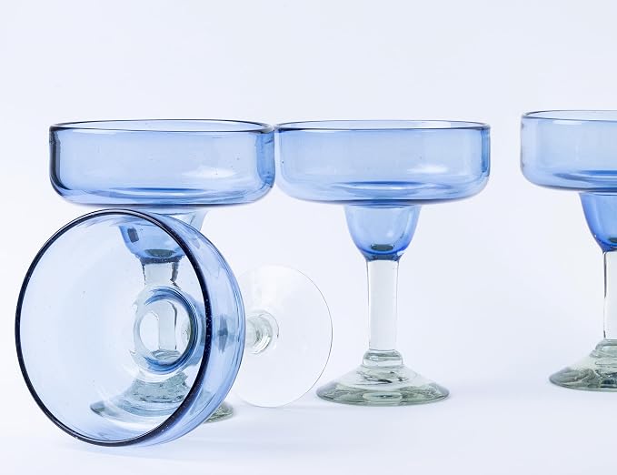 16 oz Hand Blown Mexican Margarita Glasses Set of 4 - Light Cobalt - MEXICAN GLASSWARE
