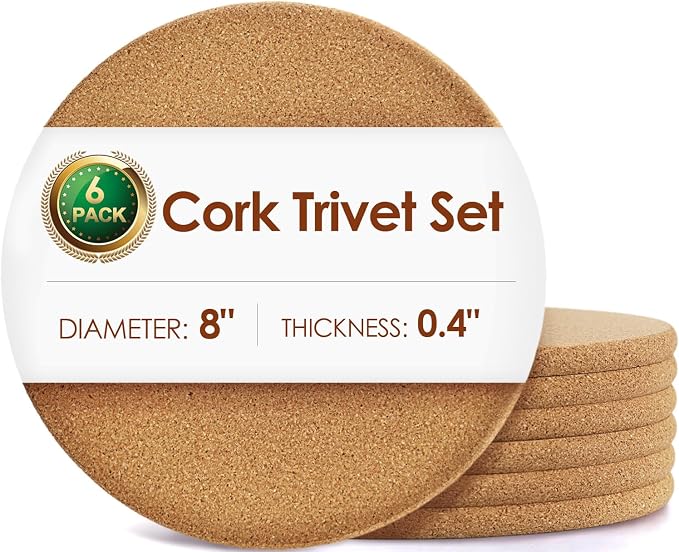 6 Pack Cork Trivets for Hot Dishes, 8" High-Density Thick Pads for Pots and Pans, Heat Resistant Kitchen Mats, Multifunctional Corkboard for Plant Coasters and DIY Crafts Trivets for Hot Pots and Pans