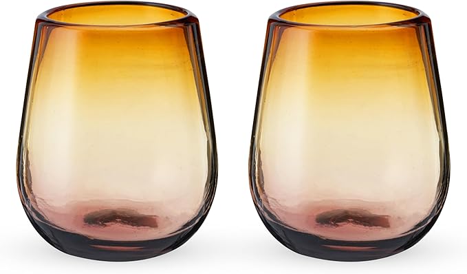 Twine El Ocaso Hand Blown Wine Glasses, Recycled Mexican Glassware with Sunset Inspired Yellow and Purple Gradient, Stemless Drinking Glasses for Wedding Gifts, Wine Lovers, 13 oz Set of 2