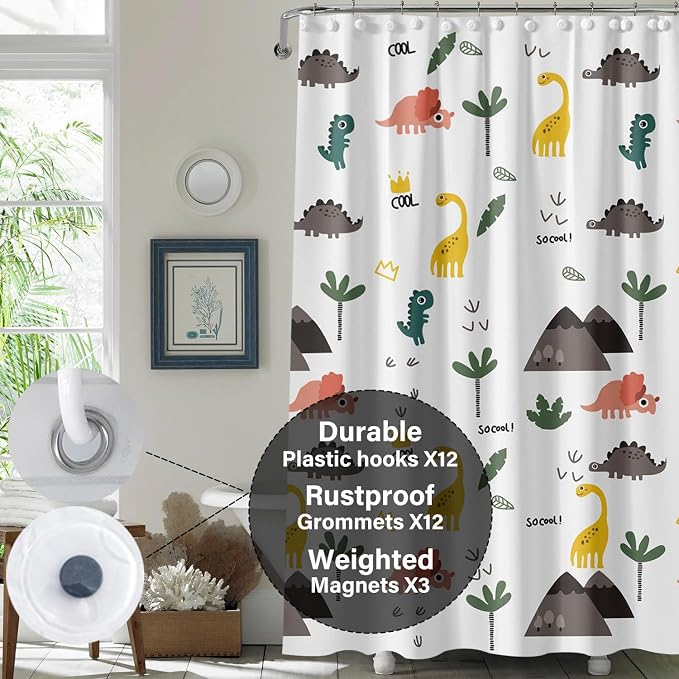 Plastic Shower Liner - Premium EVA 5G Shower Curtain Liner with Rustproof Grommets and 3 Weighted Magnets, Waterproof Shower Curtains for Bathroom (Cartoon Dino, 72" x 72")