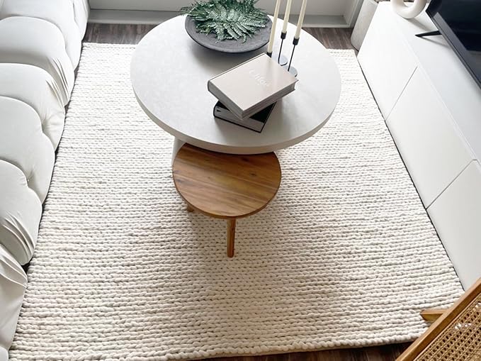 FRELISH DECOR Wool Cotton Area Rug for Living Room and Bedroom, 5'x8' Handwoven Braided Chunky Knit Cable Rugs, Farmhouse Contemporary Area Rug: Wool Ivory Premium