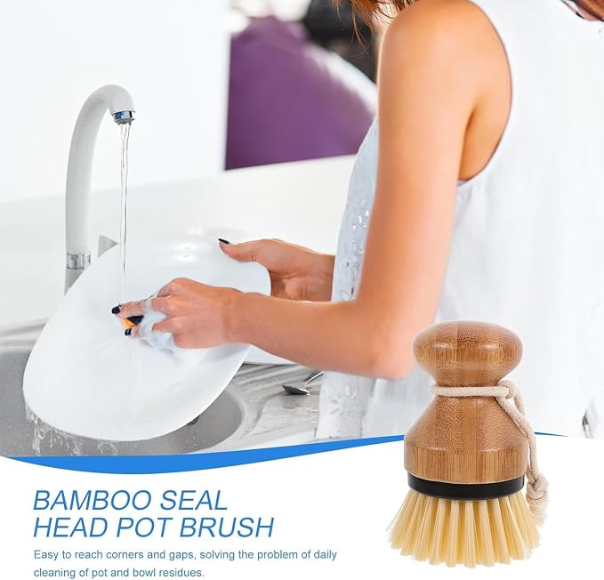 Bamboo Dish Scrub Brush Set, Natural Palm Fiber Bristles for Cleaning Pots, Pans, Dishes & Kitchen Sink, Ergonomic Grip, Durable Eco-Friendly Design (2 Pack)