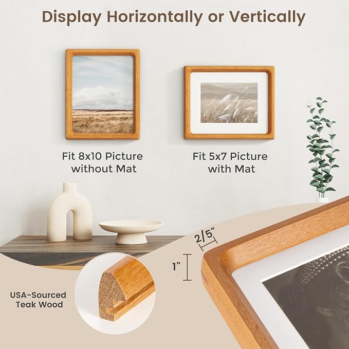 Fun Memories 8x10 Picture Frame, USA-Sourced Teak Wood Photo Frames with HD Tempered Glass, Handcrafted Rounded Corner 8 x 10 Wooden Frames Matted to 5x7 Photos, 8x10 Frame, Tabletop or Wall Display