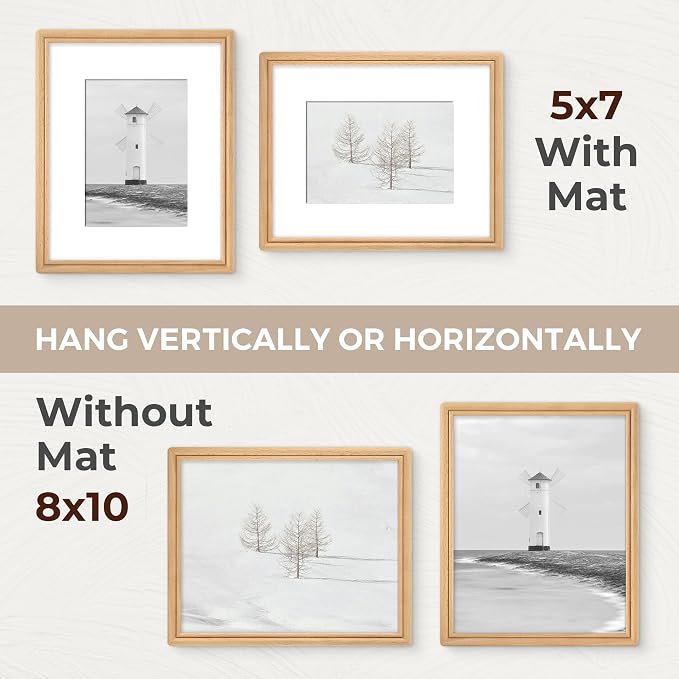 8x10 Picture Frame with Mat for 5x7, USA-Sourced Beech Wood Handcrafted Rounded Corner with HD Tempered Glass, 8 x 10 Photo Frames Gallery Wall & Tabletop, Vertically or Horizontally, 2 Pack