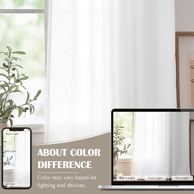 jinchan Soft Linen Curtains Set 2 Panels, Off White Curtains 63 Inch Length, Farmhouse Light Filtering Drapes for Living Room Bedroom, Sheer White Drapes Back Tab Top (W50 x L63, Off White)