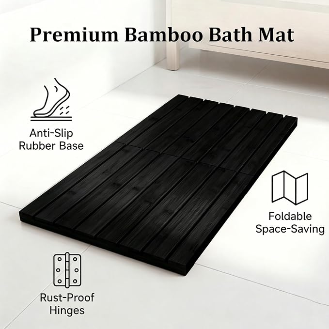 Bamboo Bath Mat for Bathroom Waterproof Foldable Shower Mat Non-Slip Quick Dry Bath Rug Heavy Duty Floor Mat for Shower Tub,Black,L23.5''×W15.6''×H2''