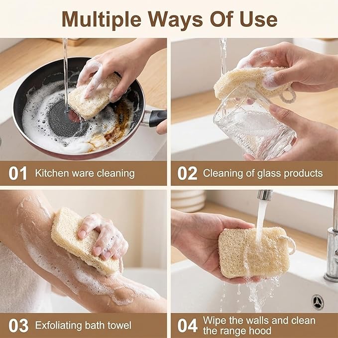 10 Pcs Natural Loofah Sponge Set, Dye-Free, Loofah Sponge for Dishwashing, Loofa for Women and Men Body Scrubber, Bath Exfoliator for Glowing Skin