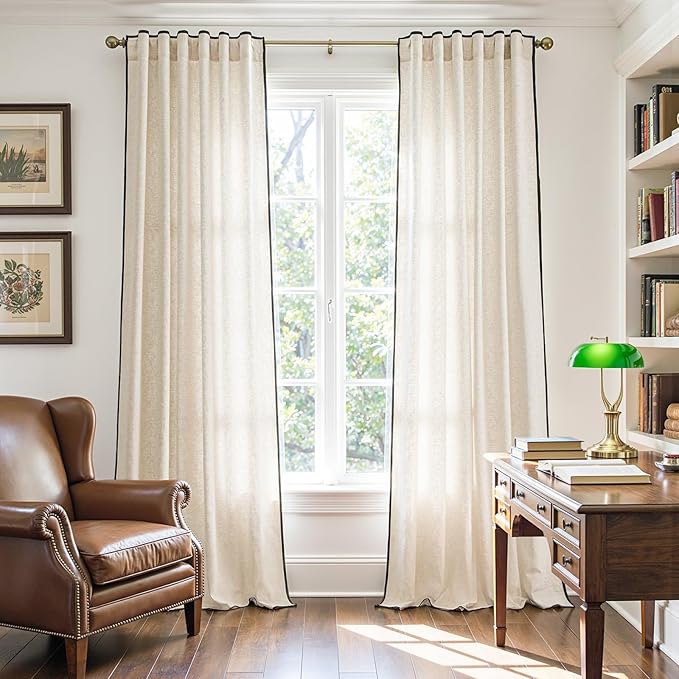 jinchan Beige Linen Blend Curtains with Black Trim, French Style Drapes for Living Room Bedroom 2 Panels 96 Inches Length Neutral Curtains Farmhouse Modern Window Treatment with Rod Pocket Back Tab