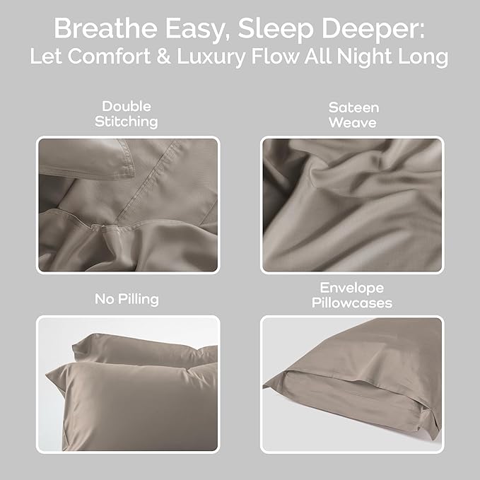 Pillow Cases Queen Size Set of 2 Pillowcases 100% Viscose from Bamboo Cooling Pillowcases, Soft & Breathable Pillow Case with Envelope Closure, Beige Pillow Cases (Sand)
