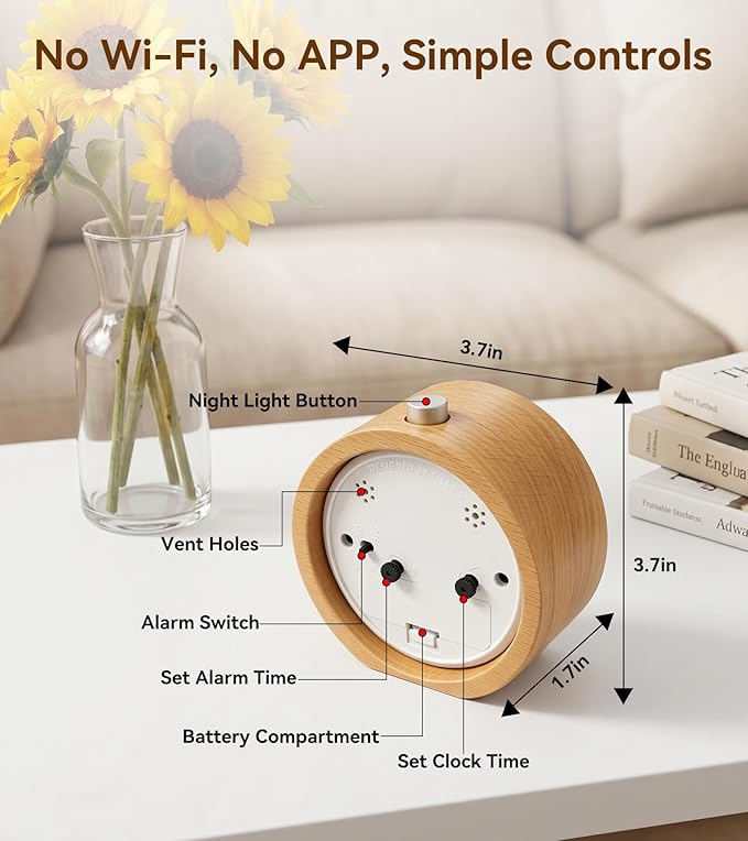 Wood Analog Alarm Clock - Non-Ticking Silent Small Round Clock, Battery Operated with Warm Night Light & Snooze Button for Students,Men,Women for Bedrooms/Desk/Bedside/Shelf, 3.7x3.7x1.7in