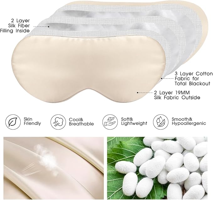 100% Mulberry Silk Eye Mask for Sleeping with Silk Wrapped Adjustable Strap,Beige