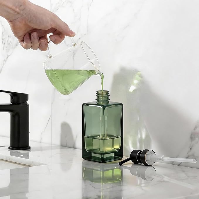 13.5 Oz Green Glass Soap Dispenser with Rust Proof Stainless Steel Pump, Antique Design Refillable Square Lotion Dispenser for Bathroom, Premium Kitchen Hand Soap (Oil Rubbed Bronze)