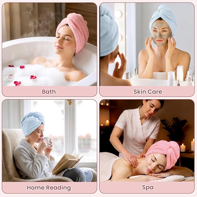 Mandydov 100% Cotton Hair Towel Wrap for Women, 2 Pack Thickened & Super Absorbent Turbans, Anti Frizz Quick Dry Hair Towels (Blue, Pink Blush)