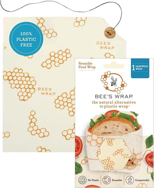 Bee's Wrap Beeswax Sandwich Wrap - Beeswax Lunch Wrap with Button & Tie - Plastic Free Made in USA Reusable Natural Food Wrap - Honeycomb