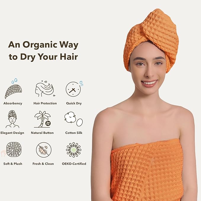 Luxury Organic Japanese Cotton Hair Drying Waffle Towel Wrap for Women | Absorbent, Quick-Dry Head Turban for Shower, Sauna, Spa | Extra Large for Long, Curly, Straight Hair With Button (Orange, 1 Pc)