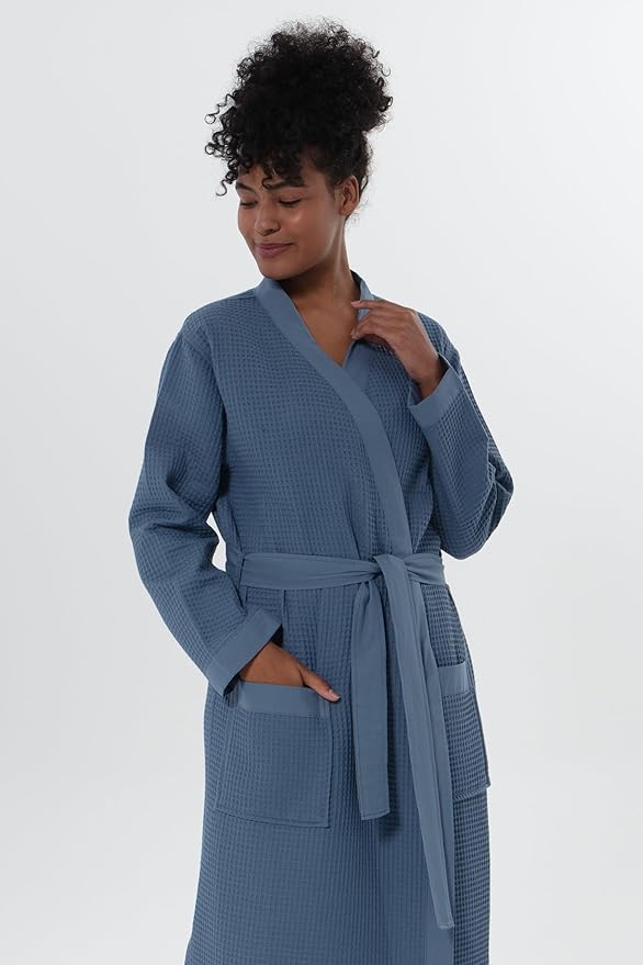 SEYANTE Women's Organic Cotton Waffle Kimono, Hooded Robe – GOTS Certified Lightweight Full-Length Spa Bathrobe with Piping