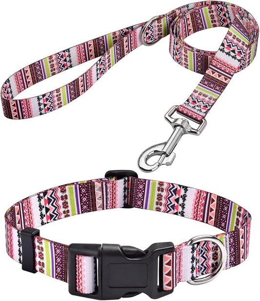 MarukoPet Dog Collar and Leash Set, Adjustable for Small Medium Large Dogs Puppy, Cute Design with Bohemia Floral Tribal Geometric Patterns Boys Girls Dog Collar(Pink Bohemia Set,M)