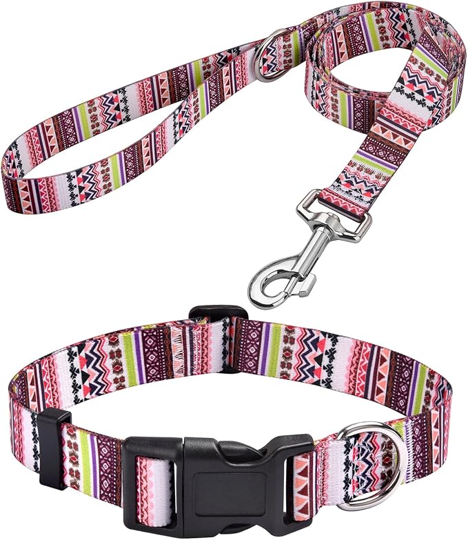 MarukoPet Dog Collar and Leash Set, Adjustable for Small Medium Large Dogs Puppy, Cute Design with Bohemia Floral Tribal Geometric Patterns Boys Girls Dog Collar(Pink Bohemia Set,XS)
