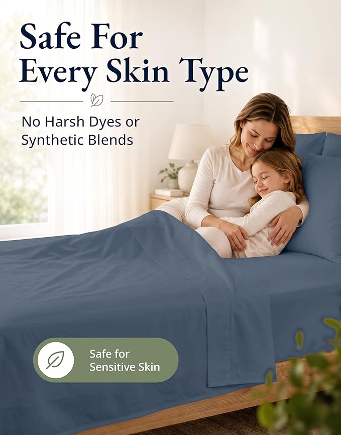 LANE LINEN Twin XL Fitted Sheet, 100% Organic Cotton 2-Piece Set (1 Fitted Sheet, 1 Pillowcase), Percale Weave, Soft, Breathable, Fits Mattress Upto 15" Deep - Estate Blue (No Flat Sheet)
