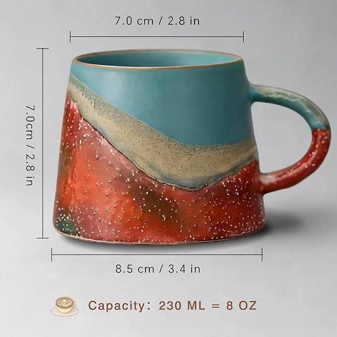 Vintage Coffee Mugs, 8 OZ Handmade Ceramic Coffee Mug with Handle, Pottery Coffee Cup for Morning Coffee, Tea & Latte, Lead-Free, Non-Toxic, Dishwasher & Microwave Safe for Home & Office.(Blue)