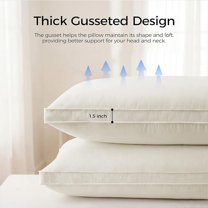 puredown® Gusseted Goose Feather Down Pillows, 100% Organic Cotton Cover, Luxury Hotel Collection Bed Pillows for Sleeping Set of 2, Standard Size