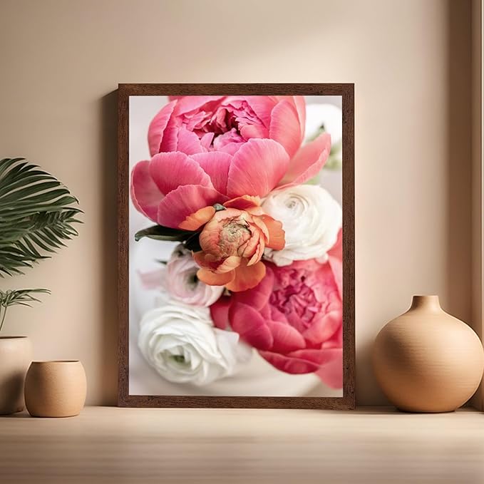 Monem Art Pink Peony Floral Macro Photography Print - Romantic Flower Art Poster - Wall Decor for Living Room, Bedroom or Office - 16x20 Brown Framed Wall Art by Mareike Bohmer