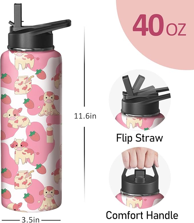 40oz Pink Cow Strawberry Water Bottle with Handle and Flip Straw,Animal Sports Stainless Steel Insulated Cup Travel Coffee Mug Tumbler, Birthday Mothers Day Chritmas Gifts for Women
