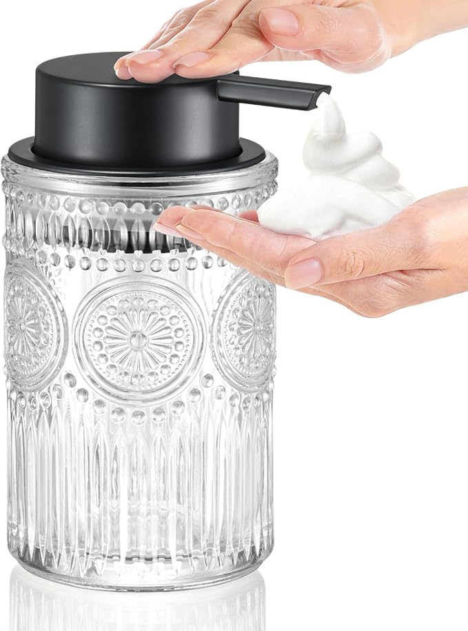 Clear Glass Foaming Hand Soap Dispenser with Matte Black Pump Decorative Thick Embossed Bottle Refillable for Bathroom and Kitchen 12 fl oz
