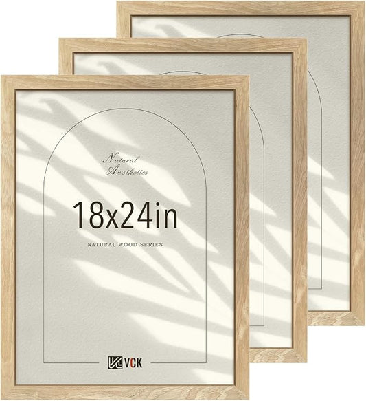 VCK 18x24 Poster Frame Set of 3, Natural Solid Wood Picture Frame with Exclusive Wood Grain, Wall Hanging