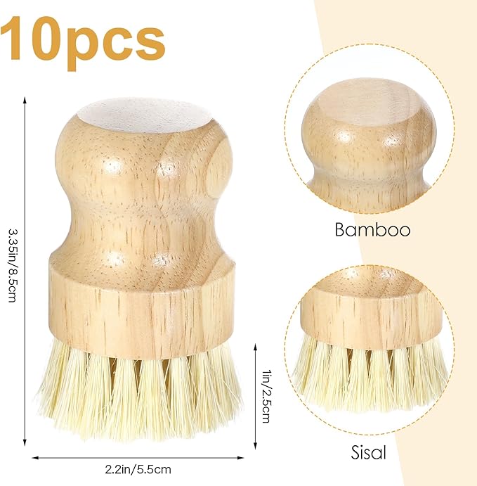 Molain 10 Pack Bamboo Dish Brush Set, Natural Dish Scrub Brush with Handle, Wooden Dish Scrubber for Kitchen Cleaning, Eco-Friendly Scrub Brush for Dishes, Pots, Pans, and Vegetables