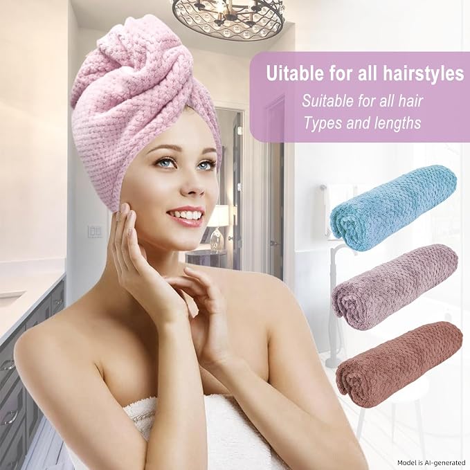 3 Pack Microfiber Hair Towel Wrap for Women, Fast Drying Hair Turban with Button, Anti-Frizz Large Hair Towel for All Hair Styles, Soft & Absorbent Hair Drying Towel (Purple, Bule, Brown)
