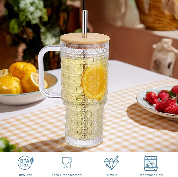 NiHome 2PCS Glass Tumblers with Handles & Bamboo Lids, 25oz/740mL Clear Glass Cups with Stainless Steel Straws, Brushes, Spill-Resistant Silicone Rings, Reusable for Iced Coffee, Juice, Water, Car