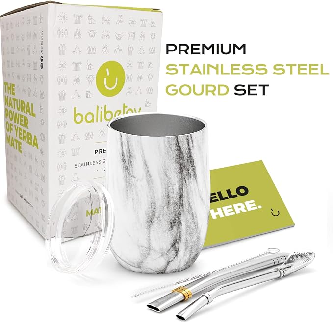 BALIBETOV 5-Piece Large Yerba Mate Cup and Bombilla Kit – Yerba Mate Gourd with Lid, 2 Bombilla Mate Straws, Cleaning Brush, Double-Wall Stainless Steel Mate Cup Set
