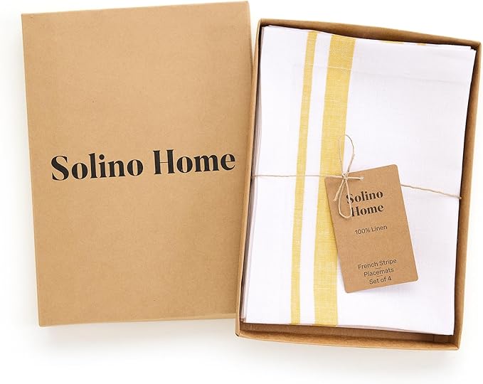 Solino Home Striped Linen Placemats Set of 4-100% Pure Linen Yellow and White Place Mats 14 x 19 Inch for Summer - French Stripe
