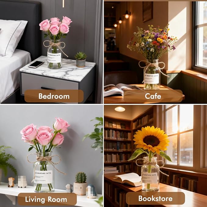 500ML Vintage Glass Vase Minimalist Clear Rustic Cylinder Bottles with Hemp Rope & Stickers for Wedding Centerpieces, Floral Arrangements, Farmhouse Home Decor, Table & Bookshelf Display