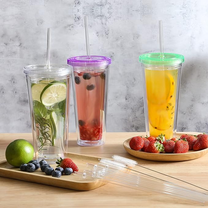 24 Pack, HIGHLY Transparent Reusable Plastic Straws with 4 Cleaning Brushes, 10.5 in Long Drinking Straws, Clear Replacement Straw for 16 24 30 32 OZ Tumblers, Cups, Jars, YETI, Starbucks - BPA FREE