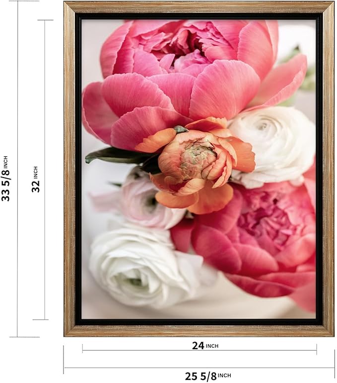 Monem Art Pink Peony Floral Macro Photography Print - Romantic Flower Art Poster - Wall Decor for Living Room, Bedroom or Office - 24x32 Silver Framed CANVAS Wall Art by Mareike Bohmer