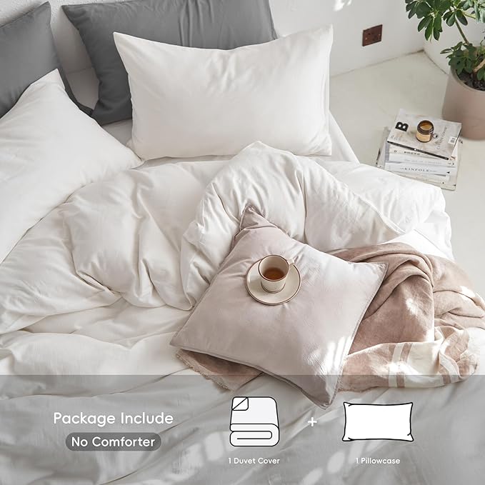 MooMee Twin Duvet Cover Set, 100% Washed Cotton Linen Like Twill Thick Sturdy Material Super Soft Breathable Durable Bedding for All Season, 2 Pieces (Off White, Twin 68"x90")