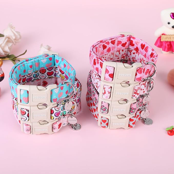 DOGWONG Valentine's Dog Collar - Pink Heart Adjustable Cotton Heart Dog Collar - Perfect for Extra Large Dogs