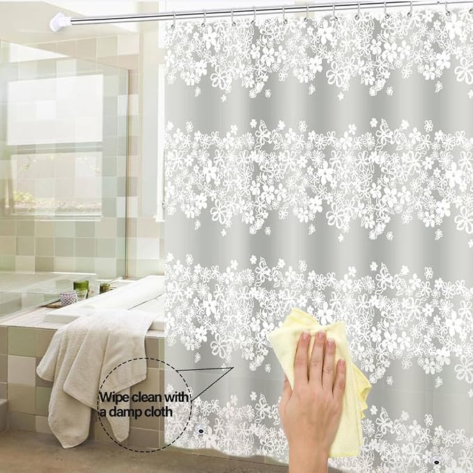 Plastic Shower Liner - Premium PEVA 4G Shower Curtain Liner with Rustproof Grommets and 3 Weighted Magnets, Waterproof Shower Curtains for Bathroom (White Flower)