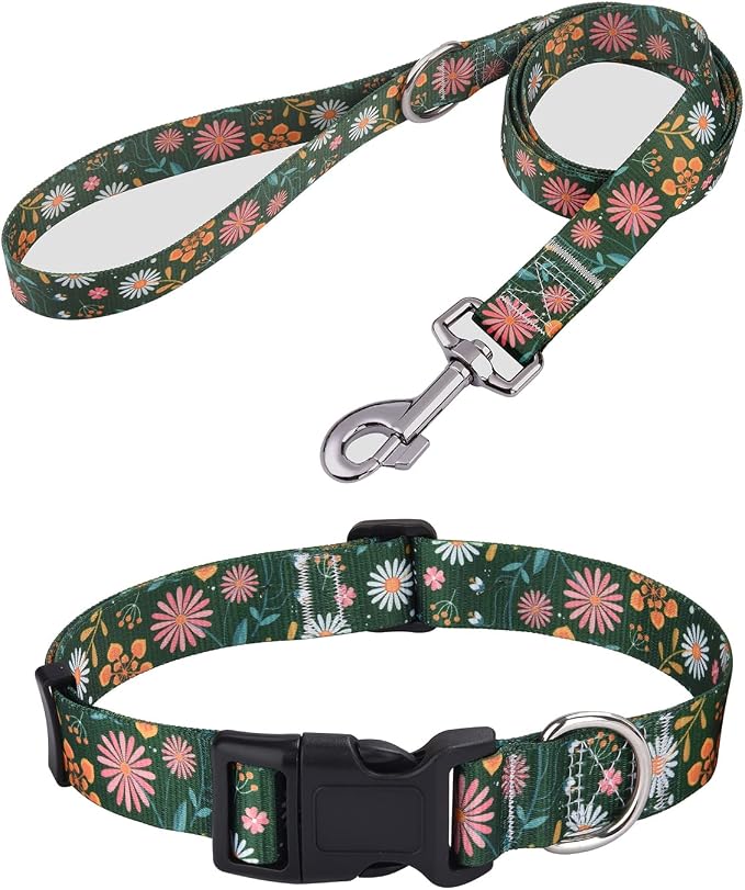 Mihqy Dog Collar and Leash Set with Bohemia Floral Tribal Geometric Patterns - Soft Ethnic Style Collar Adjustable for Small Medium Large Dogs(Dark Green Flower Set,XS)