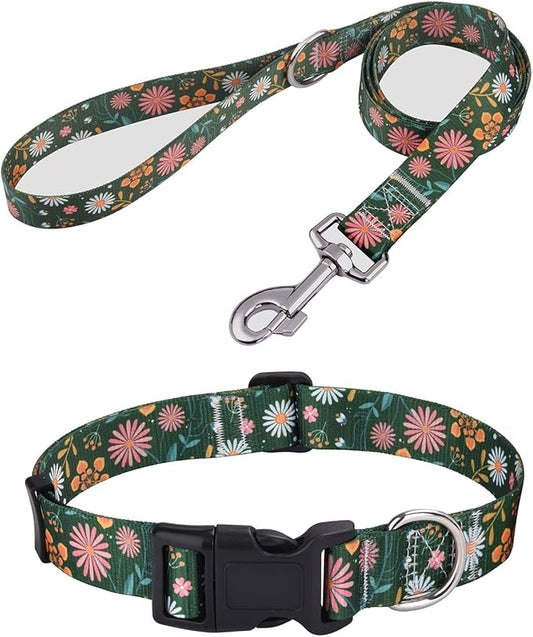 Mihqy Dog Collar and Leash Set with Bohemia Floral Tribal Geometric Patterns - Soft Ethnic Style Collar Adjustable for Small Medium Large Dogs(Dark Green Flower Set,S)