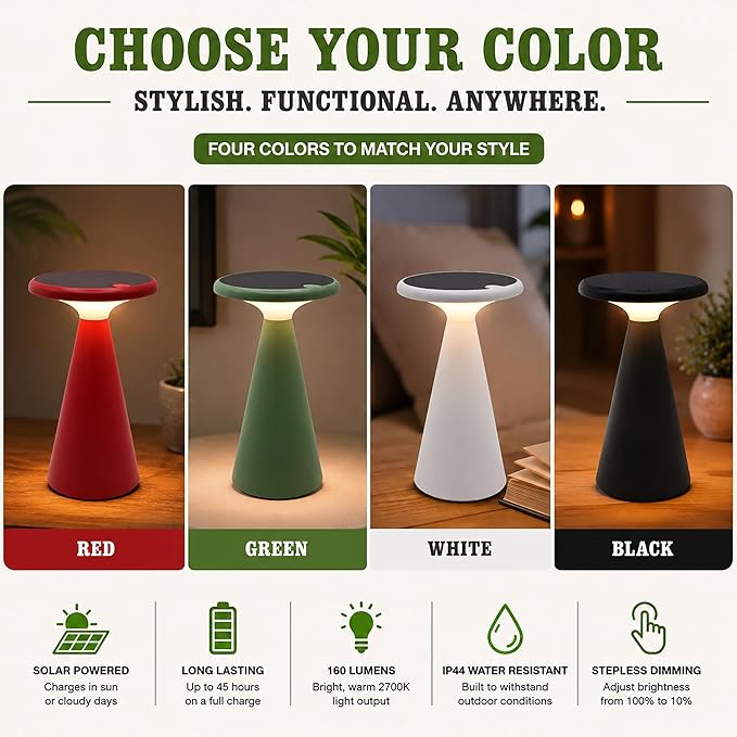 Portable Solar Powered Mushroom LED Table Lamp - Indoor/Outdoor Use - Stepless Dimming - Up to 45 Hour Rechargeable Battery - 1.6W, 160 lumens, 2700K - IP44 Weather Resistant - Red