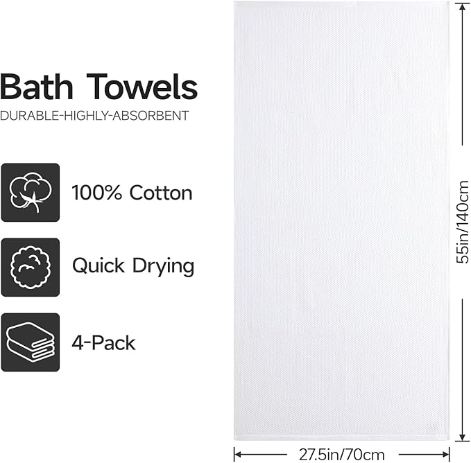 REDKISS 100% Cotton Waffle Weave Bath Towels 4 Pack - 27.5x55 Inches| Lightweight, Quick Dry & Highly Absorbent,Perfect for Spa, Gym, Travel, Guest Bathroom-White