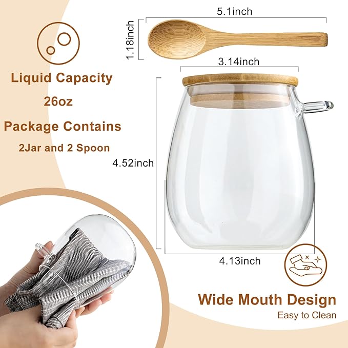 Airtight Glass Food Storage Jars with Bamboo Lid and Spoon - Wide Mouth Leak Proof Kitchen Canisters for Coffee Beans,Tea Leaves,Cereal,Flour,Nuts,and Pantry Organization (26oz 2PCS)