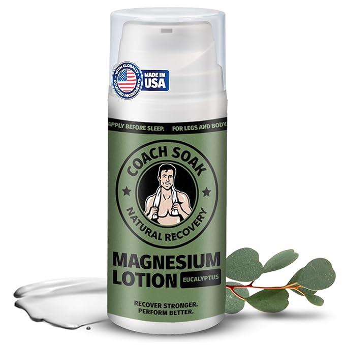 Coach Soak Magnesium Lotion with MSM & Menthol, Eucalyptus 3.4oz | Magnesium Chloride Non-Greasy Alternative to Epsom Salt Lotion and Cream - Apply Before Sleep for Feet, Leg Cramps & Body