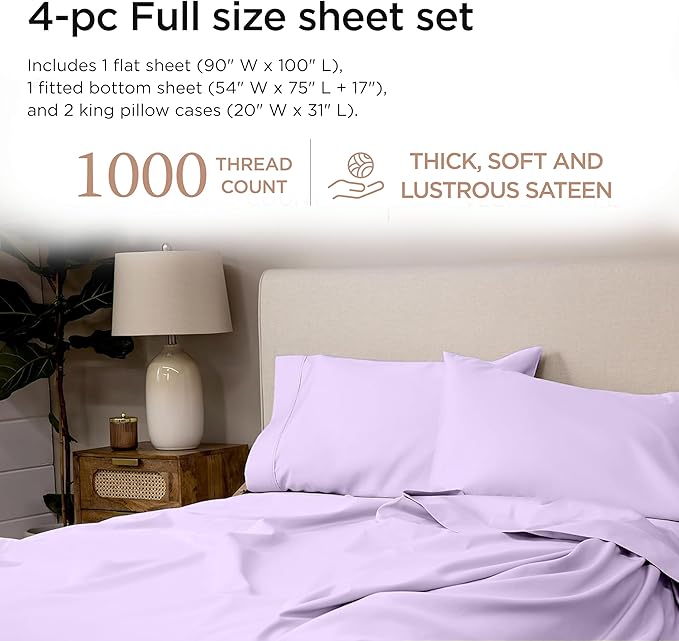Threadmill Luxury Full Size Sheets for Full Size Mattress, 1000 Thread Count Supima Cotton Sheets for Full Mattress, 5-Star Hotel Quality 4 Piece Bed Sheets with Extra Deep Pocket, Lilac