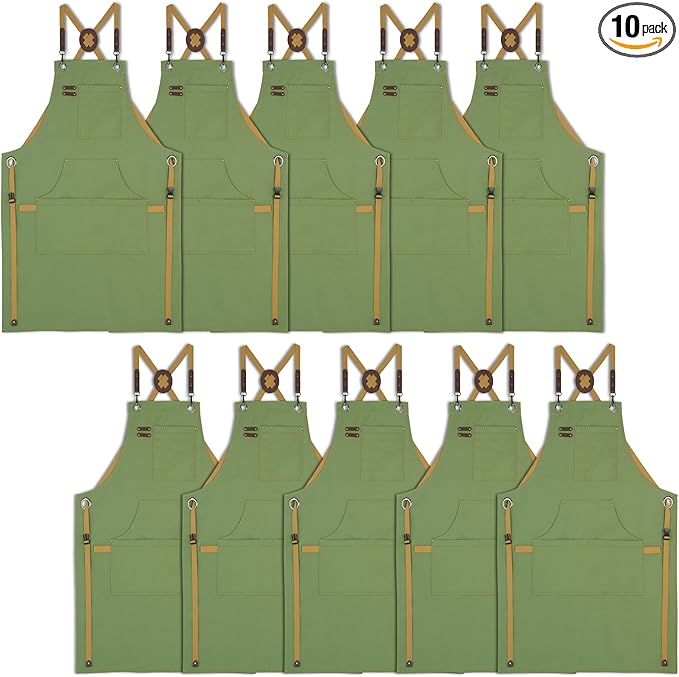 10 Pack Kitchen Aprons, Work Apron, Canvas, Multiple Pockets, Gardening, Painting, BBQ, Artist, Carpenter, Sizes M to XXL, Olive