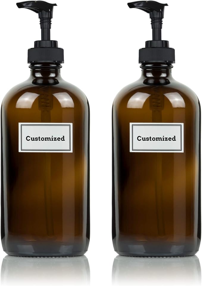 Glass Bottles Including Black Pumps + Customized Waterproof Labels, 16 oz. Boston Round 2-Pack, Amber