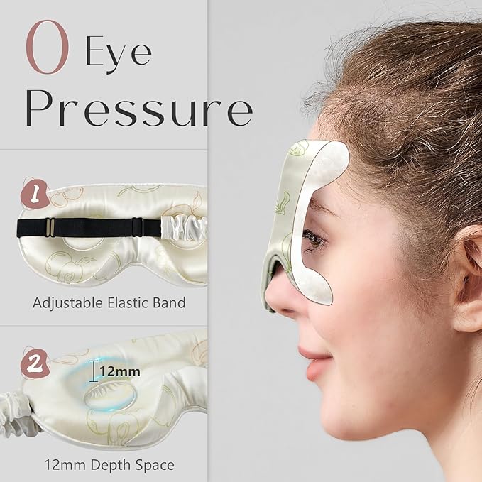 ZIMASILK Adjustable 22 Momme 100% Mulberry Silk Sleep Mask, Upgraded 3D Contoured Cup Eye Mask for Sleeping, Super Soft & Breathable Blindfold, Blackout for Deep Sleeping (Ivory - Fruit Line Art)